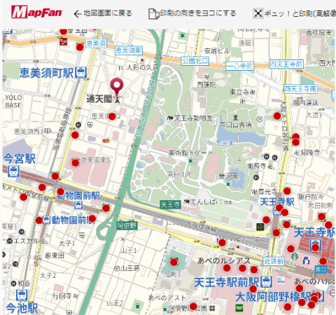 プリンターマークを押すと、印刷設定画面に周辺検索の結果が赤い丸で表示され、印刷できます。
